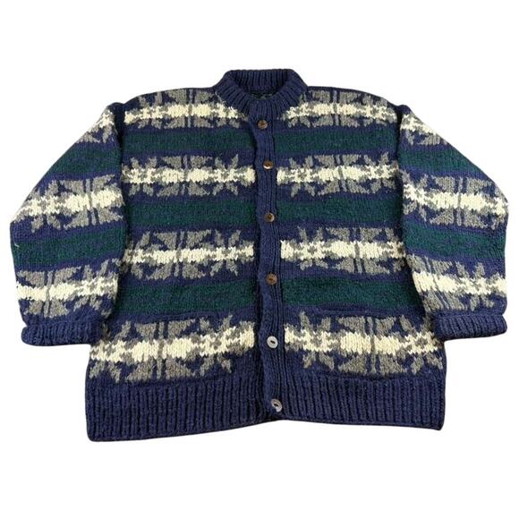 Vintage Cardigan Multi Color Men Chunky 100% Wool Button Front Winter Sweater - Picture 1 of 9